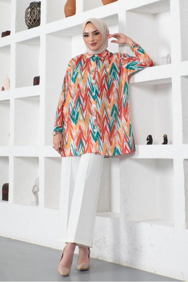  Desenli Tesettür Gömlek Oranj 8887