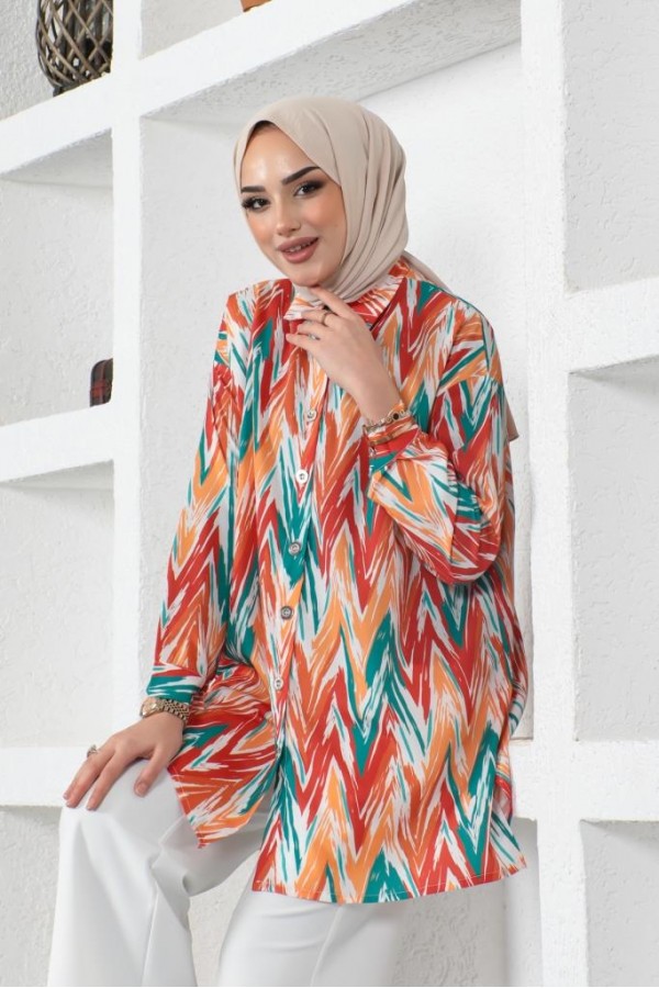  Desenli Tesettür Gömlek Oranj 8887