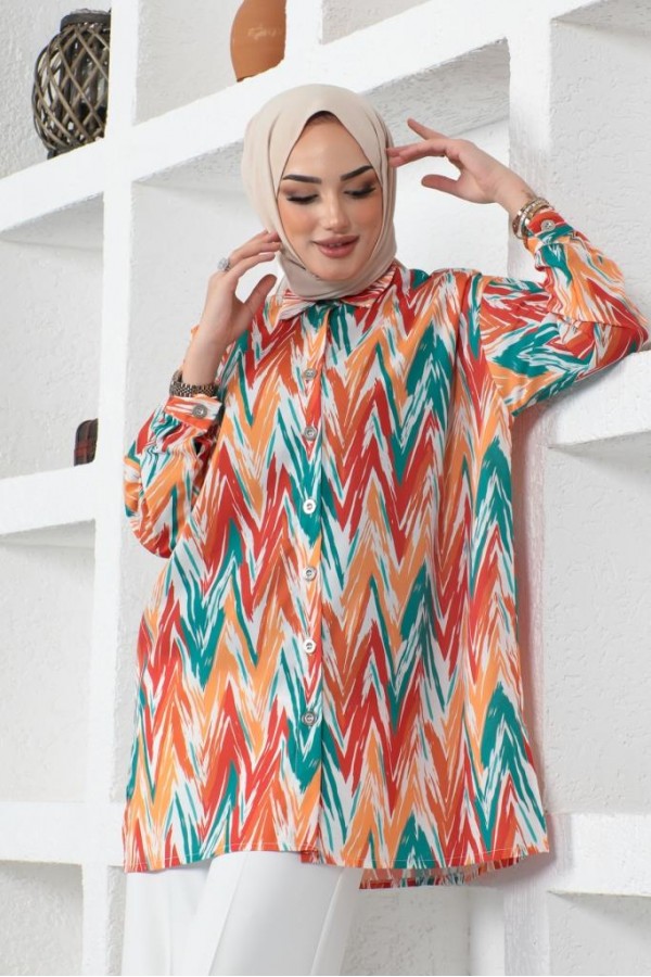  Desenli Tesettür Gömlek Oranj 8887