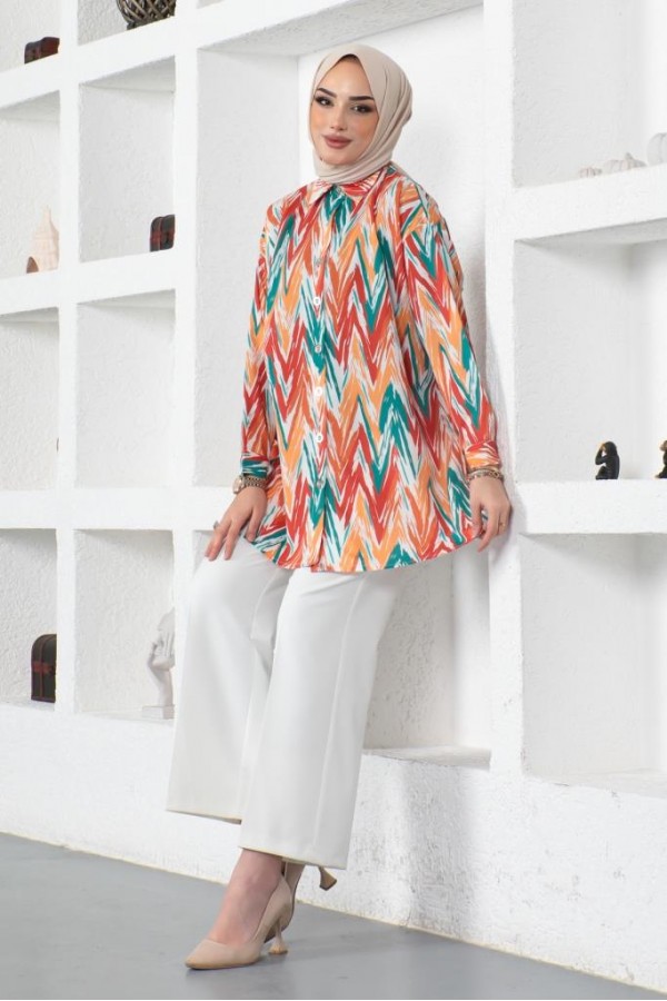  Desenli Tesettür Gömlek Oranj 8887