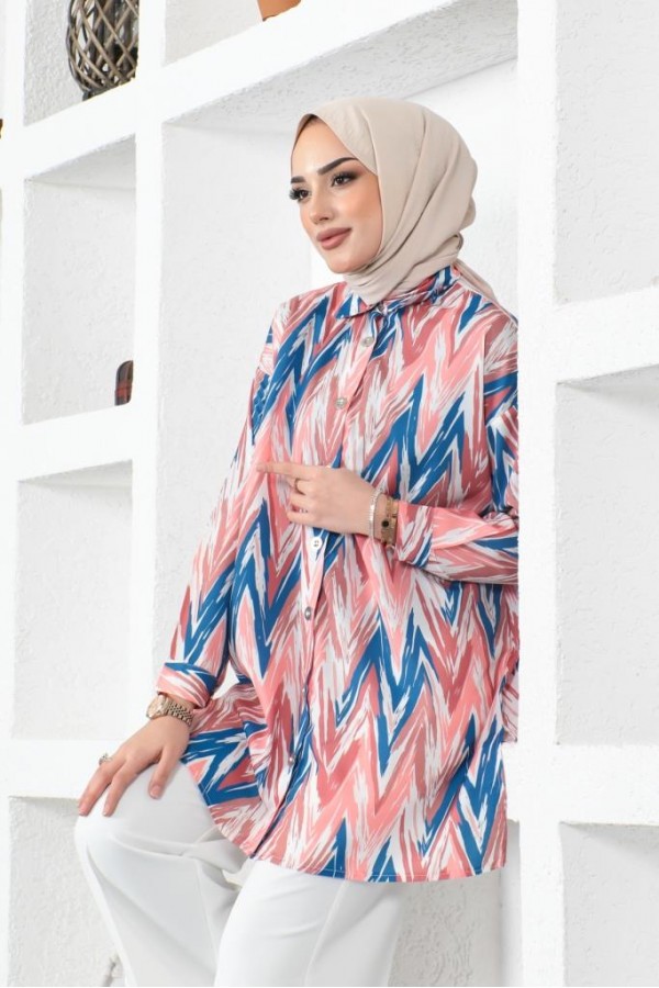 Desenli Tesettür Gömlek Pembe 8887 Desenli Tesettür Gömlek Pembe 8887