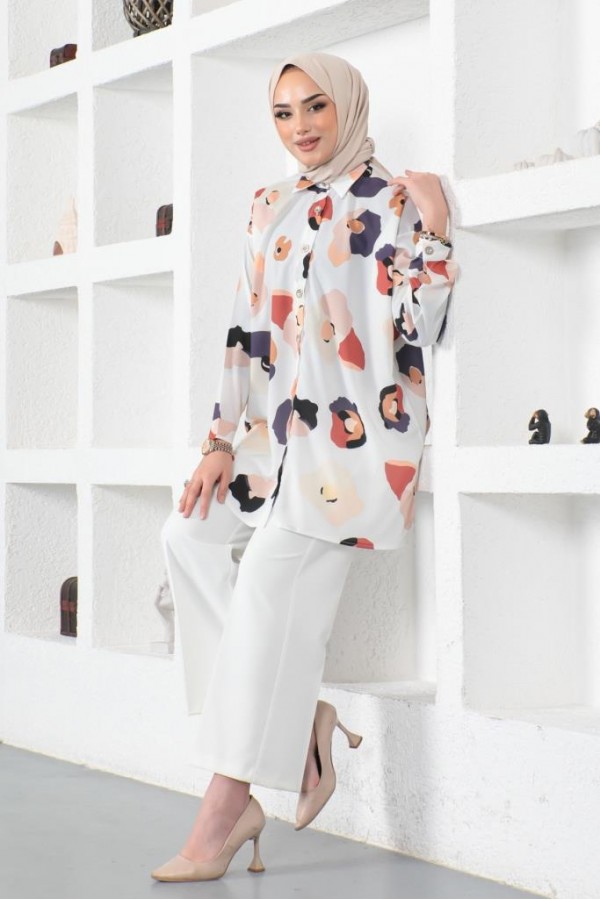 Desenli Tesettür Gömlek Ekru 8888 Desenli Tesettür Gömlek Ekru 8888