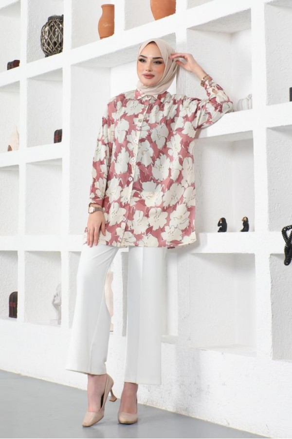  Desenli Tesettür Gömlek Gül Kurusu 8889