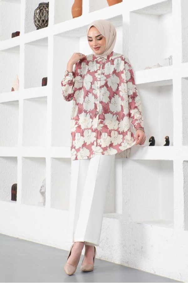  Desenli Tesettür Gömlek Gül Kurusu 8889
