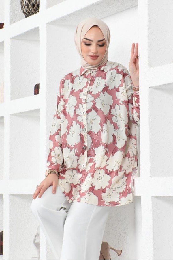  Desenli Tesettür Gömlek Gül Kurusu 8889