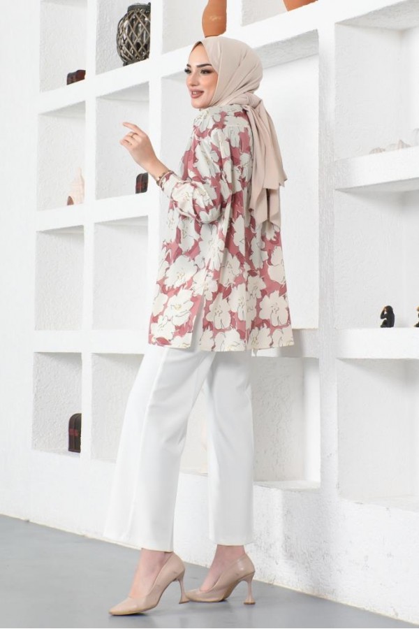  Desenli Tesettür Gömlek Gül Kurusu 8889