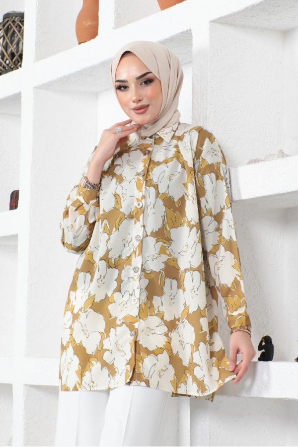  Desenli Tesettür Gömlek Hardal 8889