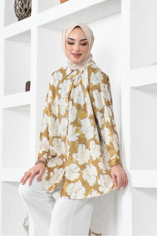  Desenli Tesettür Gömlek Hardal 8889