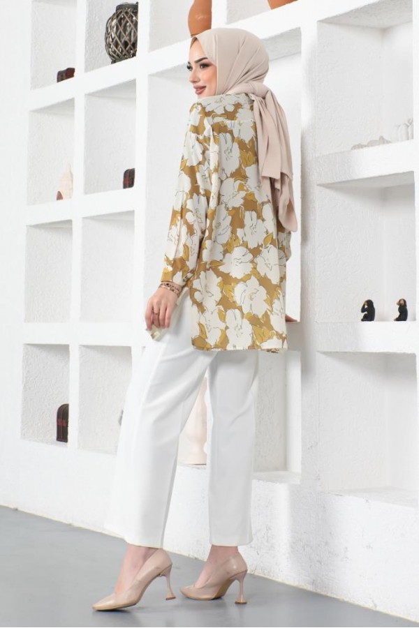  Desenli Tesettür Gömlek Hardal 8889