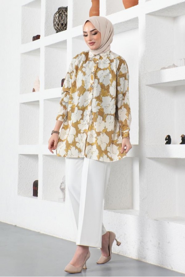  Desenli Tesettür Gömlek Hardal 8889