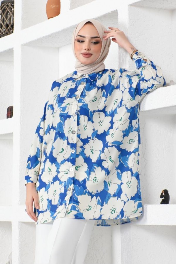  Desenli Tesettür Gömlek Saks Mavisi 8889