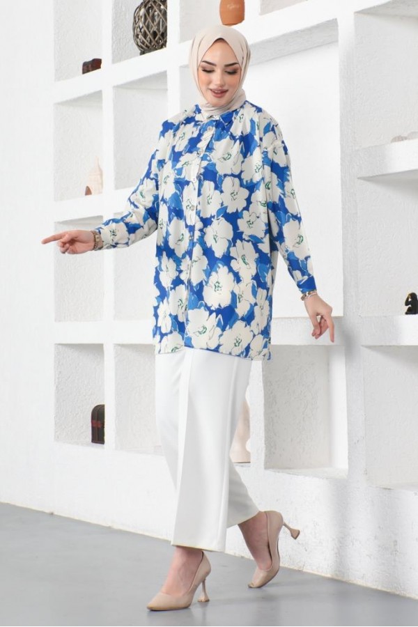  Desenli Tesettür Gömlek Saks Mavisi 8889