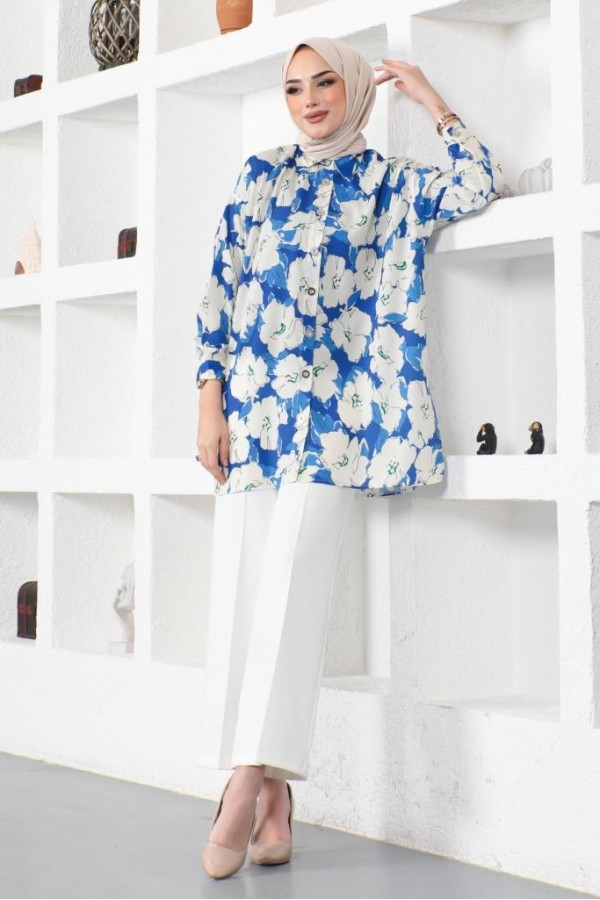  Desenli Tesettür Gömlek Saks Mavisi 8889
