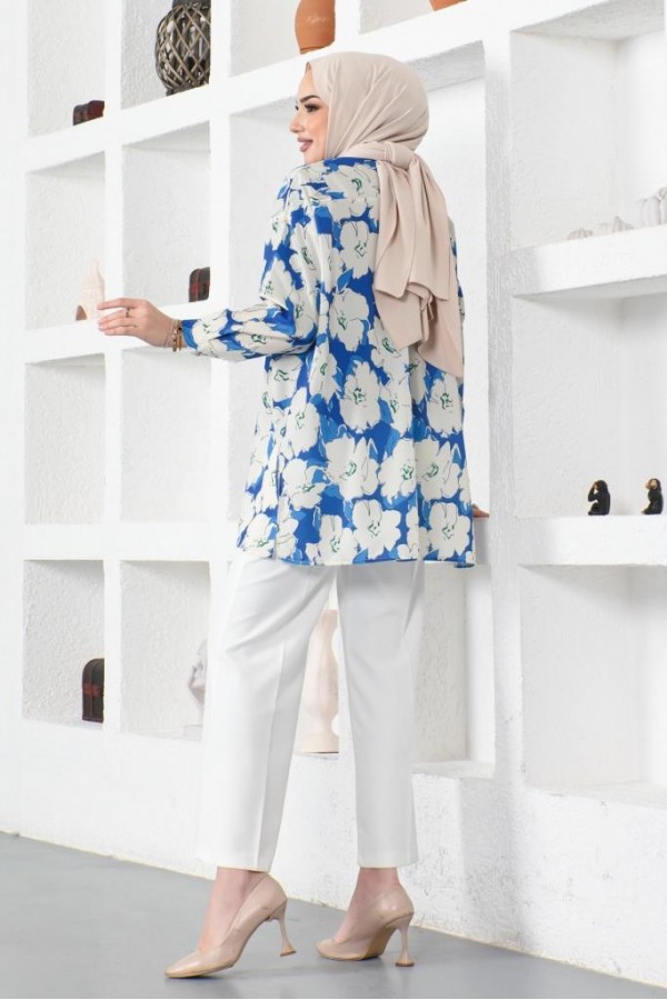  Desenli Tesettür Gömlek Saks Mavisi 8889