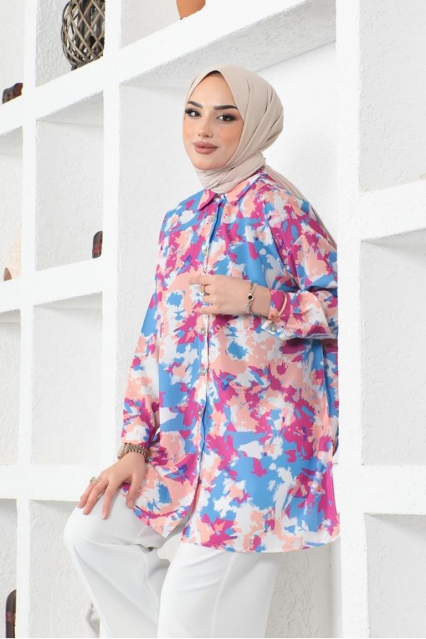  Desenli Tesettür Gömlek Mavi 8890