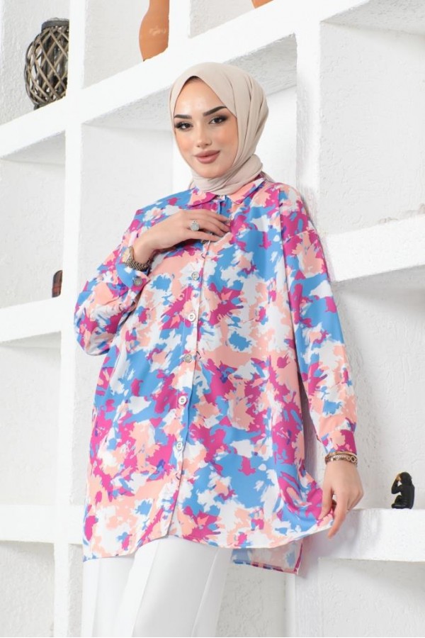  Desenli Tesettür Gömlek Mavi 8890