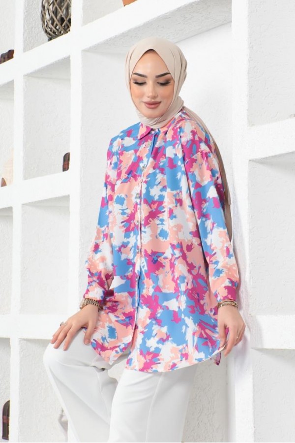  Desenli Tesettür Gömlek Mavi 8890