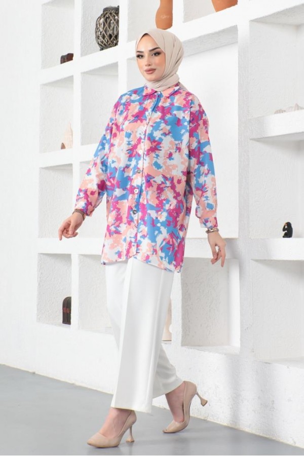  Desenli Tesettür Gömlek Mavi 8890