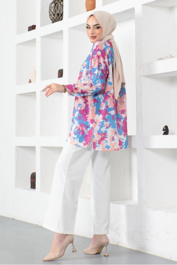  Desenli Tesettür Gömlek Mavi 8890