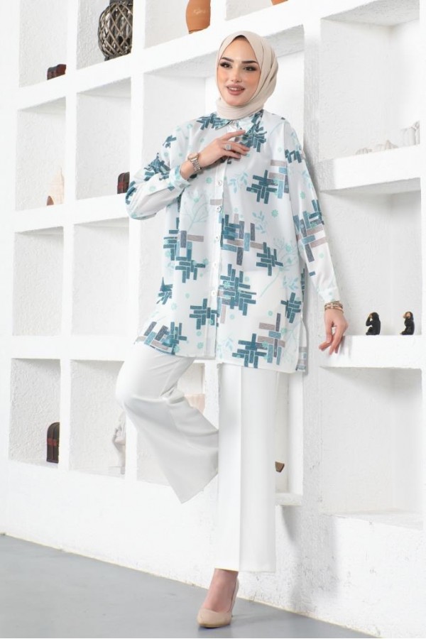  Desenli Tesettür Gömlek Mint Yeşili 8891