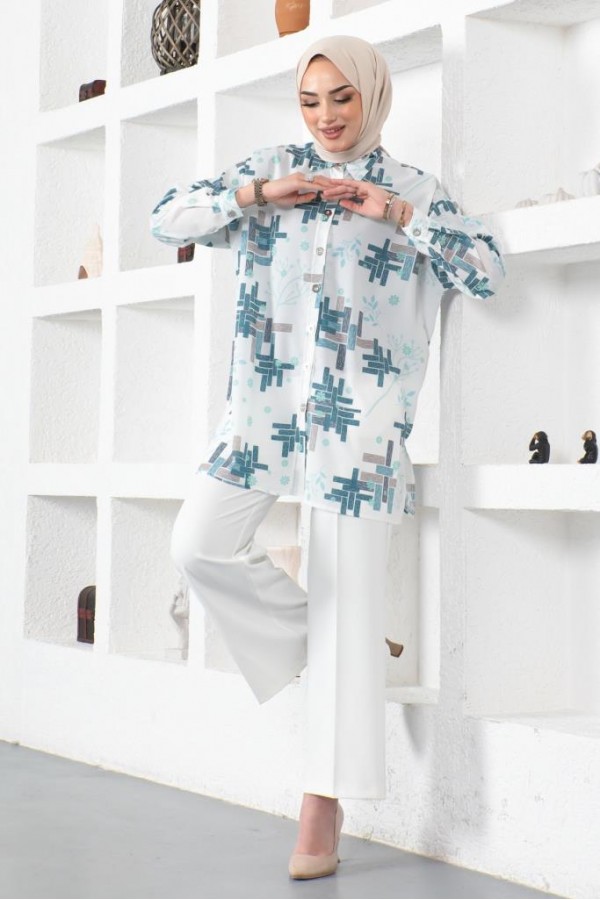  Desenli Tesettür Gömlek Mint Yeşili 8891