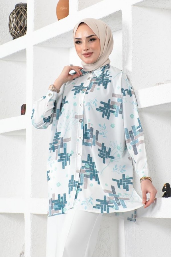  Desenli Tesettür Gömlek Mint Yeşili 8891