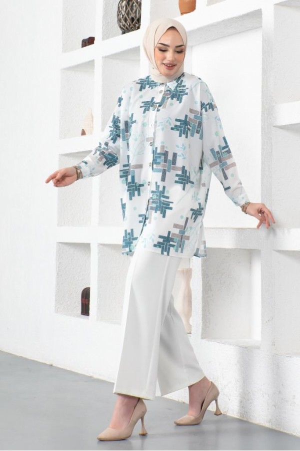  Desenli Tesettür Gömlek Mint Yeşili 8891