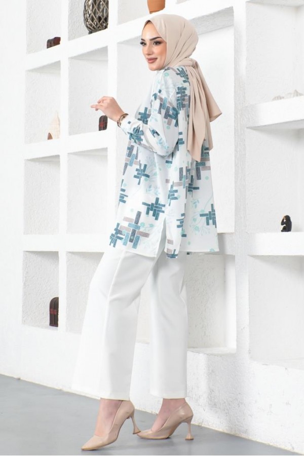  Desenli Tesettür Gömlek Mint Yeşili 8891