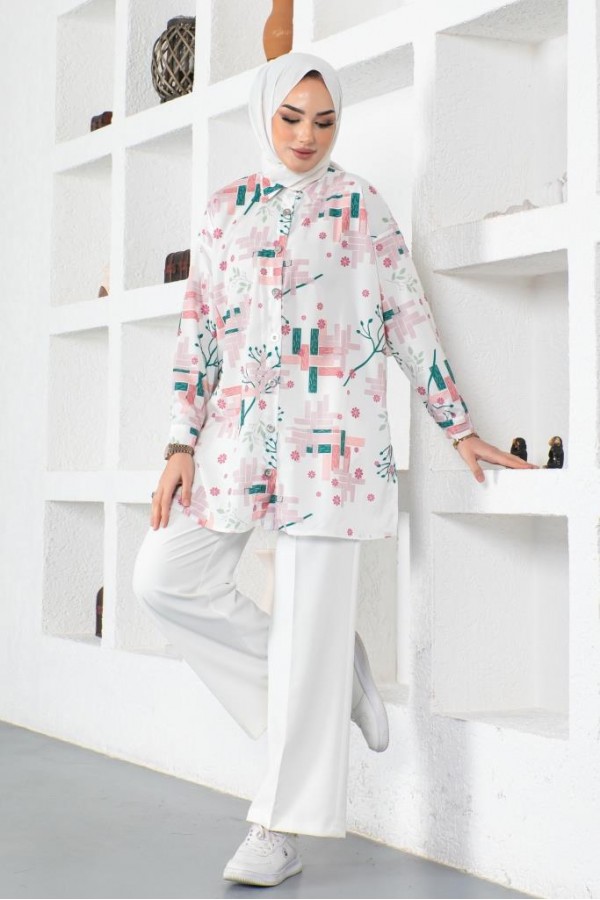  Desenli Tesettür Gömlek Pudra 8891