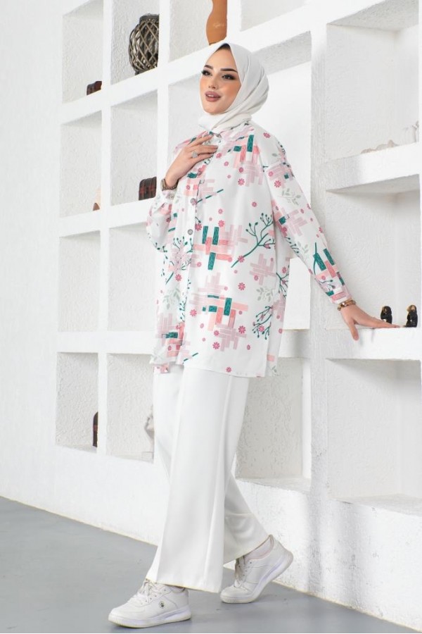  Desenli Tesettür Gömlek Pudra 8891