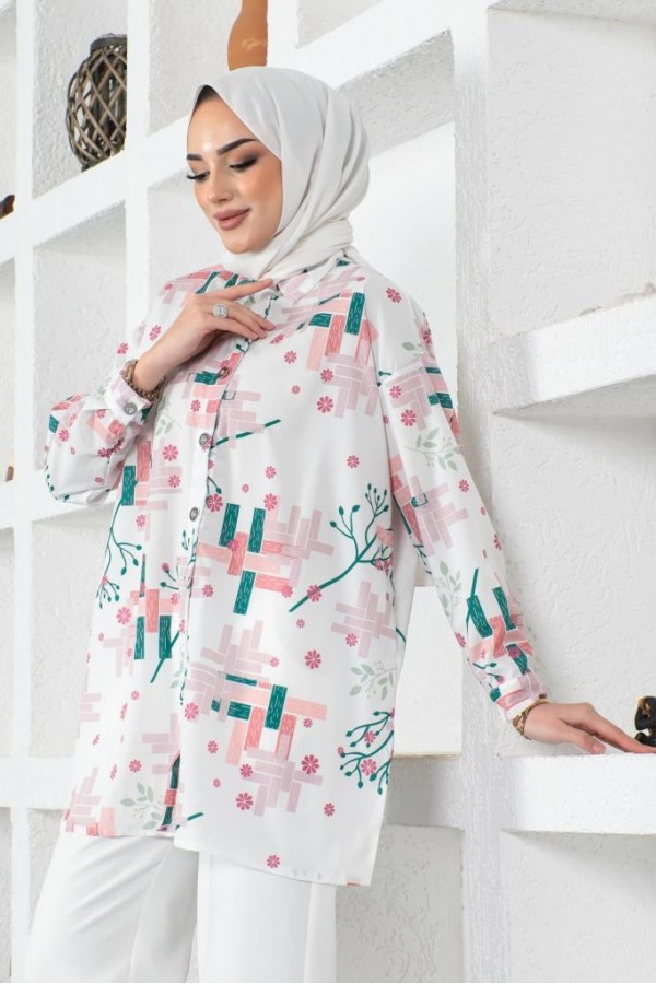  Desenli Tesettür Gömlek Pudra 8891