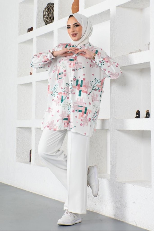  Desenli Tesettür Gömlek Pudra 8891
