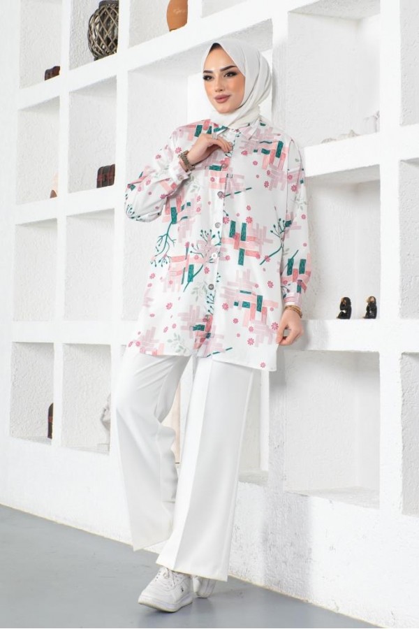  Desenli Tesettür Gömlek Pudra 8891