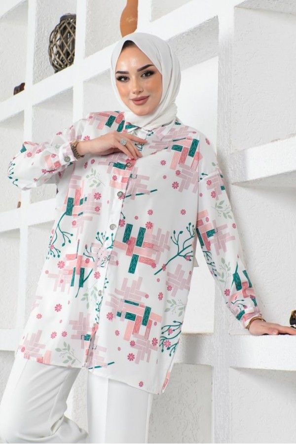 Desenli Tesettür Gömlek Pudra 8891