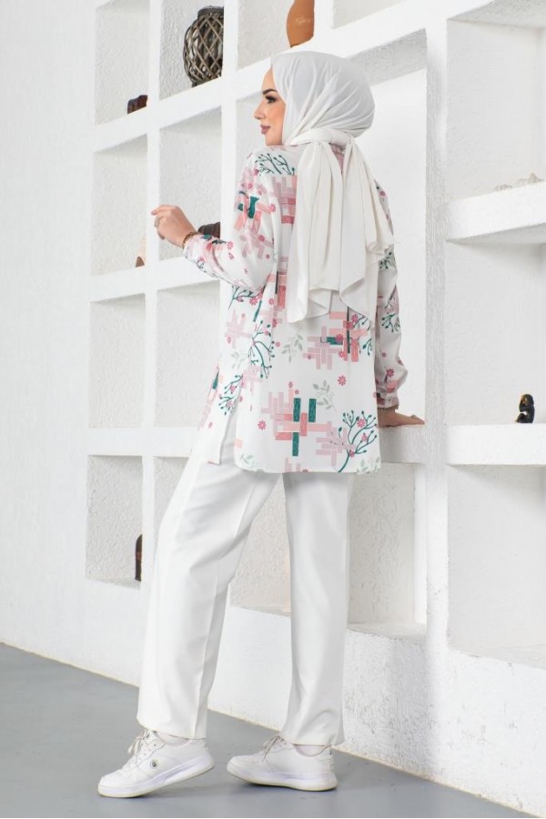  Desenli Tesettür Gömlek Pudra 8891