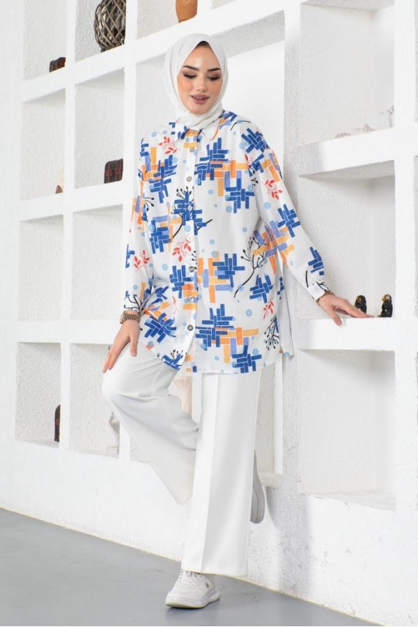 Desenli Tesettür Gömlek Saks Mavisi 8891 Desenli Tesettür Gömlek Saks Mavisi 8891