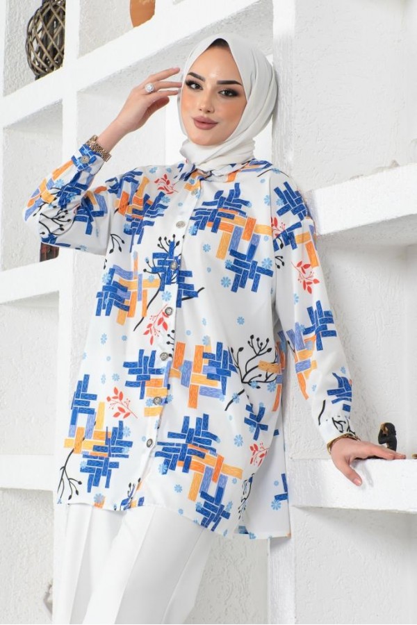 Desenli Tesettür Gömlek Saks Mavisi 8891 Desenli Tesettür Gömlek Saks Mavisi 8891