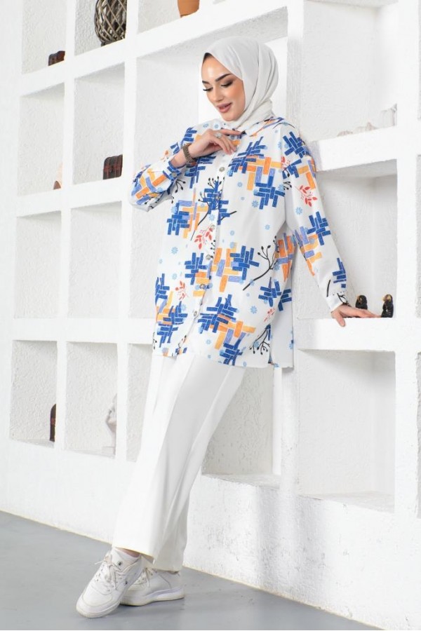 Desenli Tesettür Gömlek Saks Mavisi 8891 Desenli Tesettür Gömlek Saks Mavisi 8891