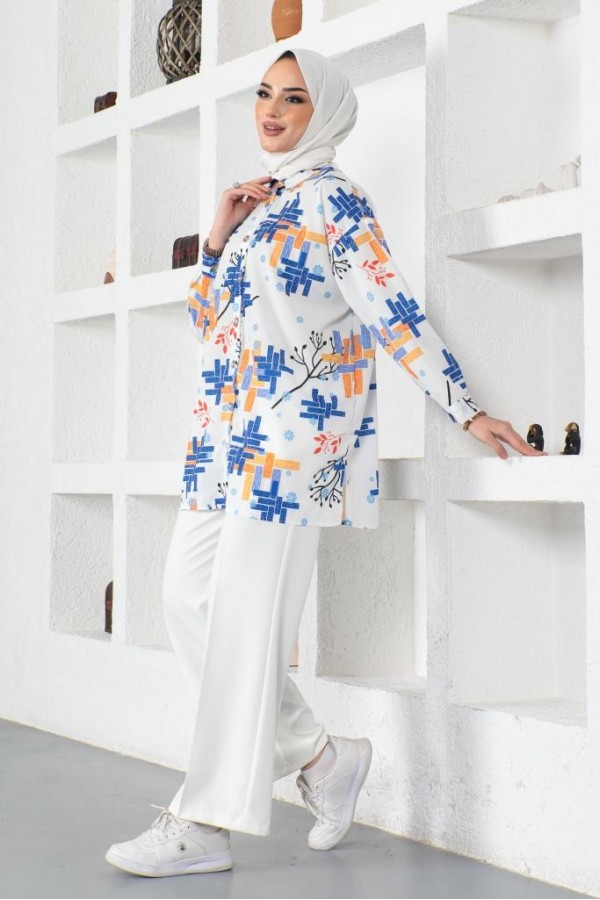 Desenli Tesettür Gömlek Saks Mavisi 8891 Desenli Tesettür Gömlek Saks Mavisi 8891