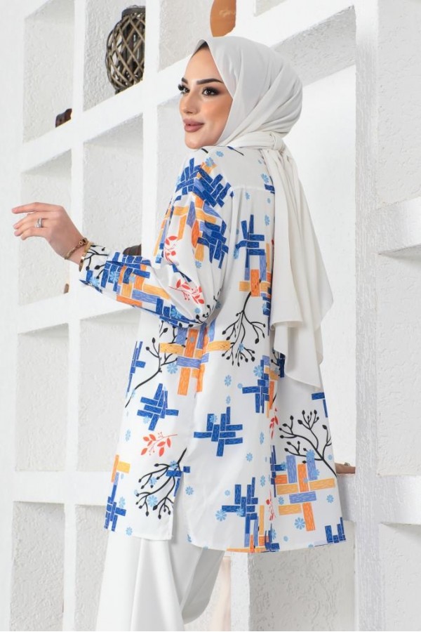 Desenli Tesettür Gömlek Saks Mavisi 8891 Desenli Tesettür Gömlek Saks Mavisi 8891