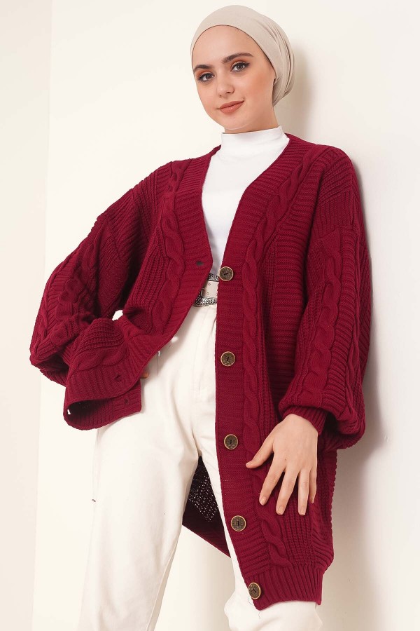  Örgü Desenli Önden Düğmeli Hırka Bordo 6999