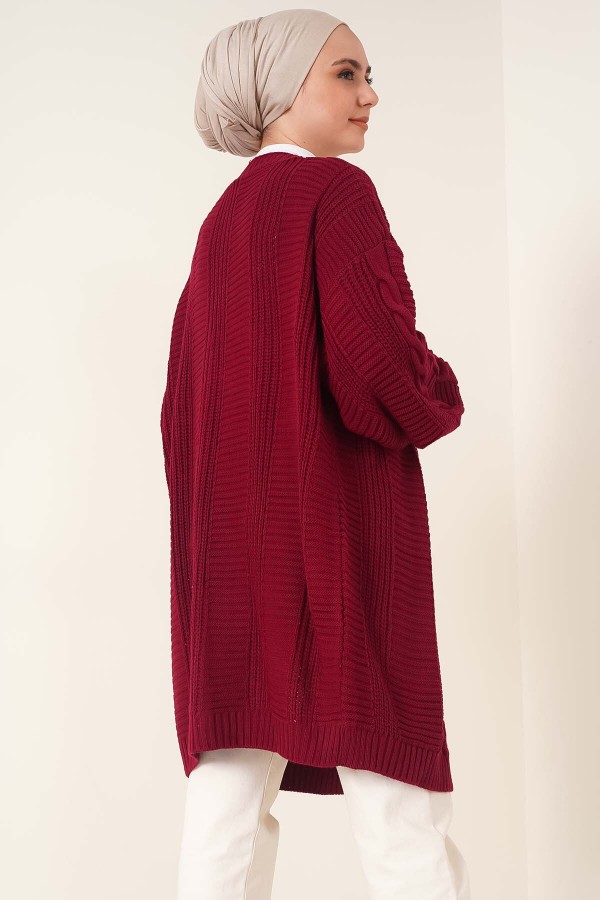  Örgü Desenli Önden Düğmeli Hırka Bordo 6999