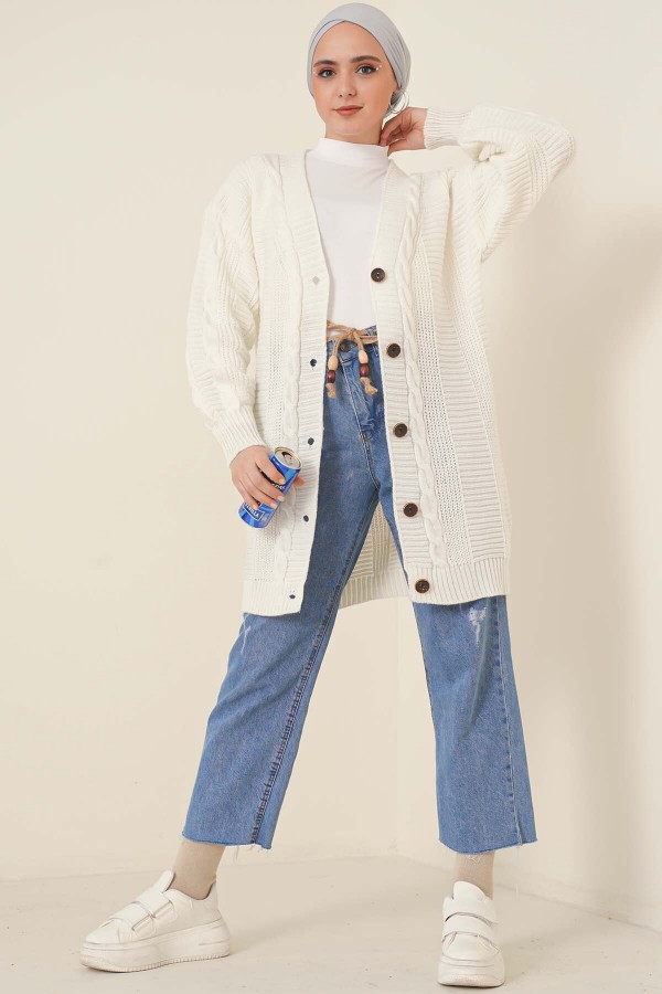  Örgü Desenli Önden Düğmeli Hırka Ekru 6999
