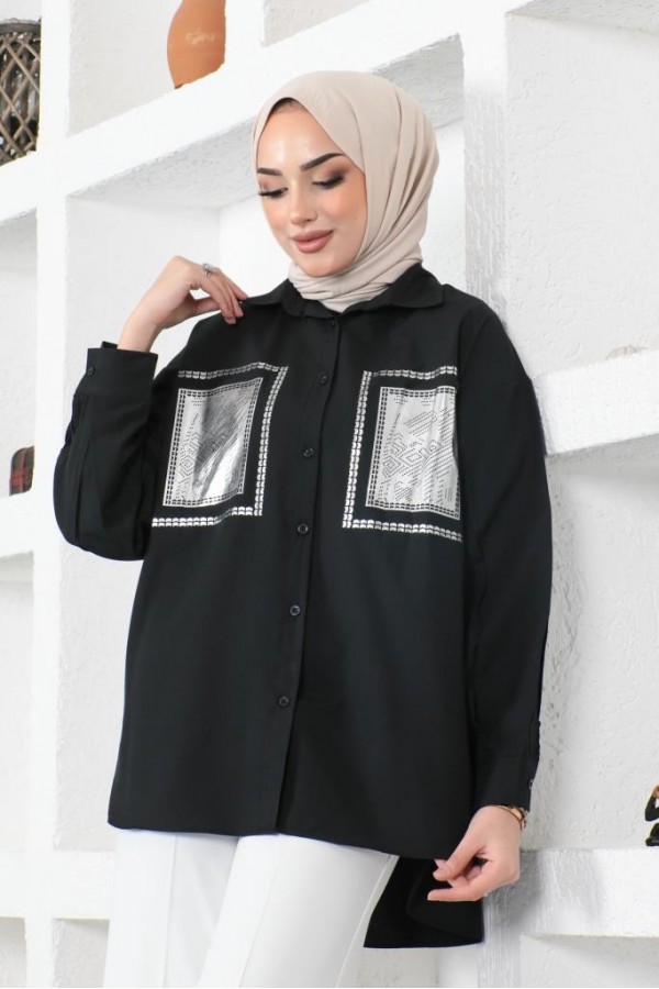  Önü Varak Baskılı Gömlek Siyah 61563
