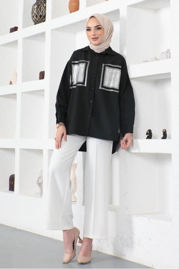  Önü Varak Baskılı Gömlek Siyah 61563