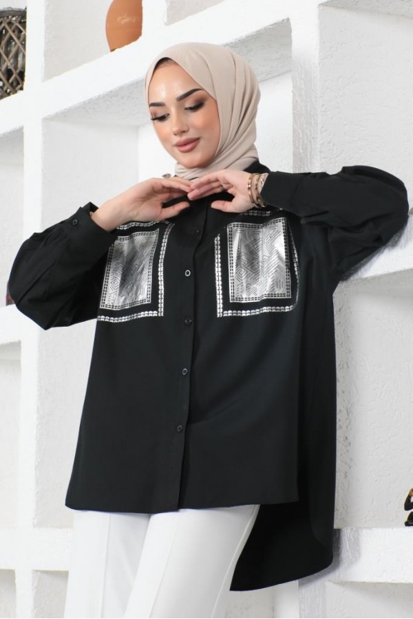  Önü Varak Baskılı Gömlek Siyah 61563