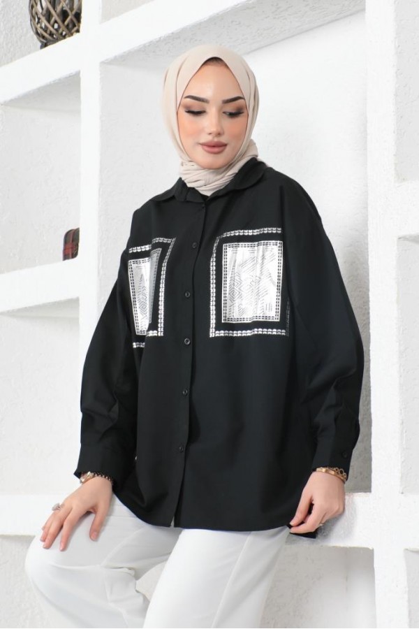  Önü Varak Baskılı Gömlek Siyah 61563