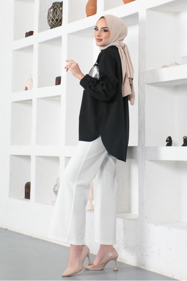  Önü Varak Baskılı Gömlek Siyah 61563