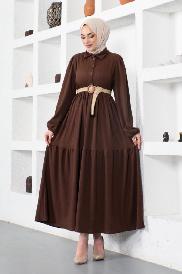  Bürümcük Kemerli Elbise Kahverengi 61540