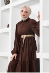  Bürümcük Kemerli Elbise Kahverengi 61540